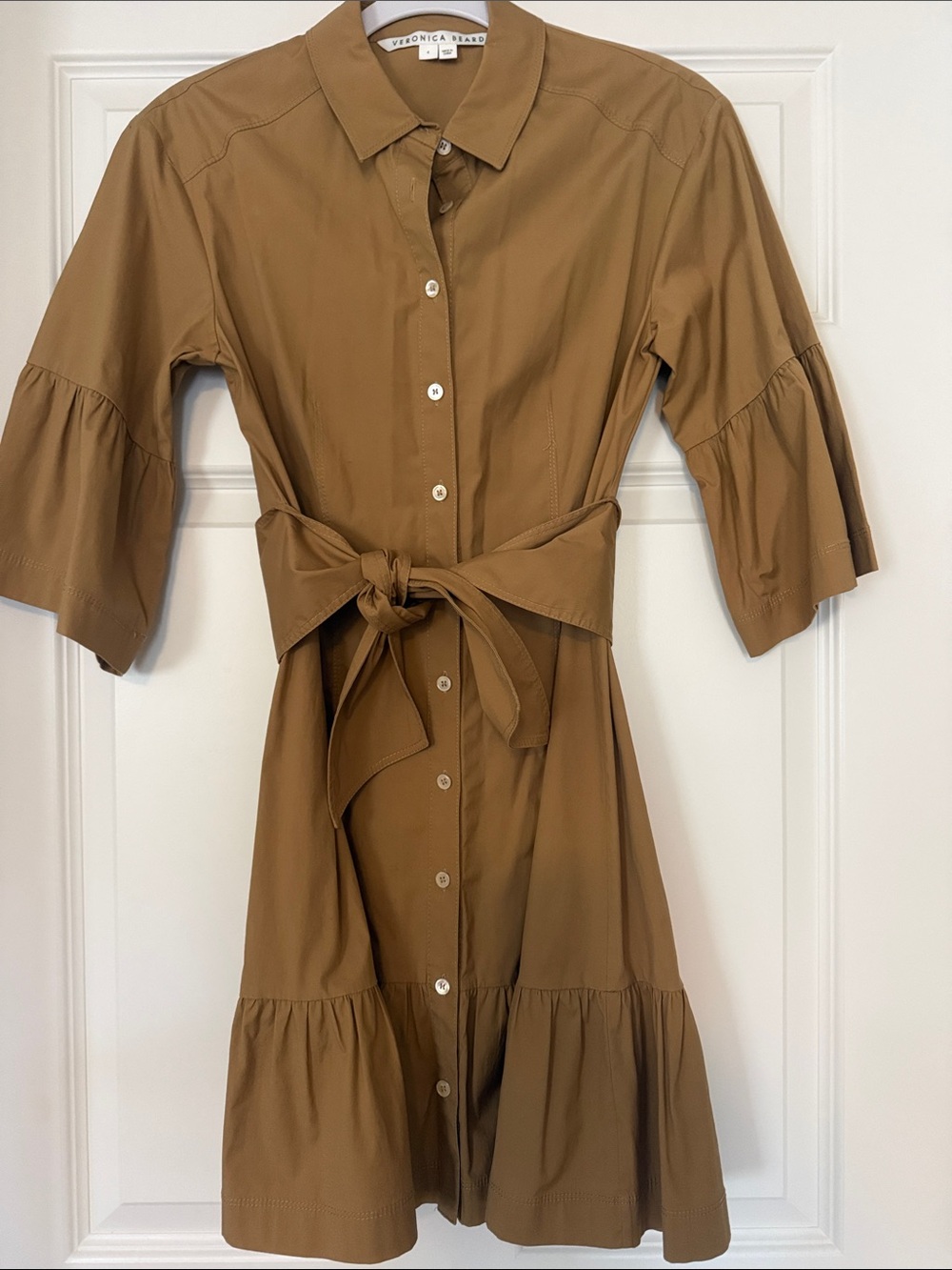 Veronica Beard Camel Button-Front Tie-Waist Shirt Dress